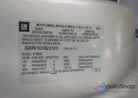 2008 Chevrolet Suburban 1500 Lt from USA, damaged, VIN 3GNFK16318G127415